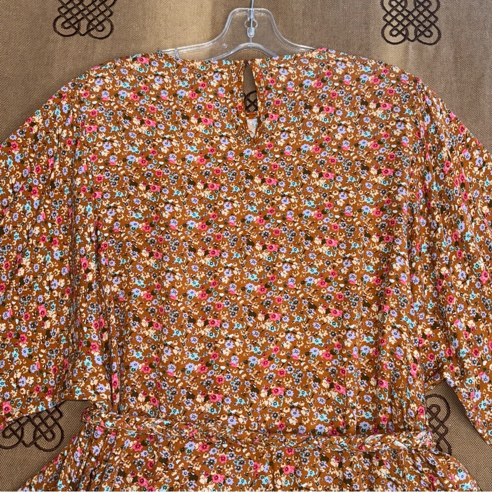 Aura Ella Mini Print Braided Brll Short Dress In Brown /Multi Floral Print - Picture 14 of 16